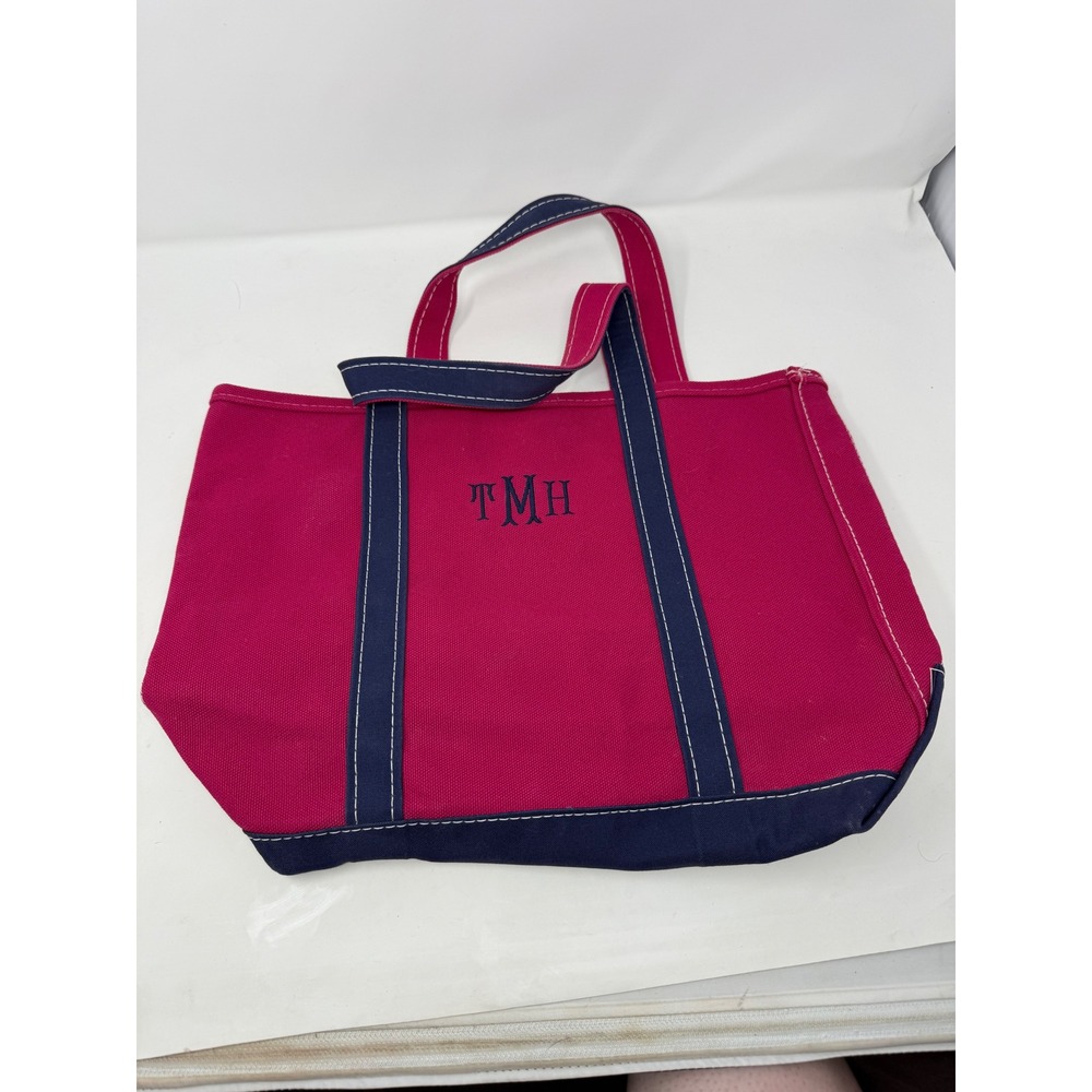 LL Bean Boat and Tote Canvas Bag Pink Navy Monogram TMH USA Made 225046